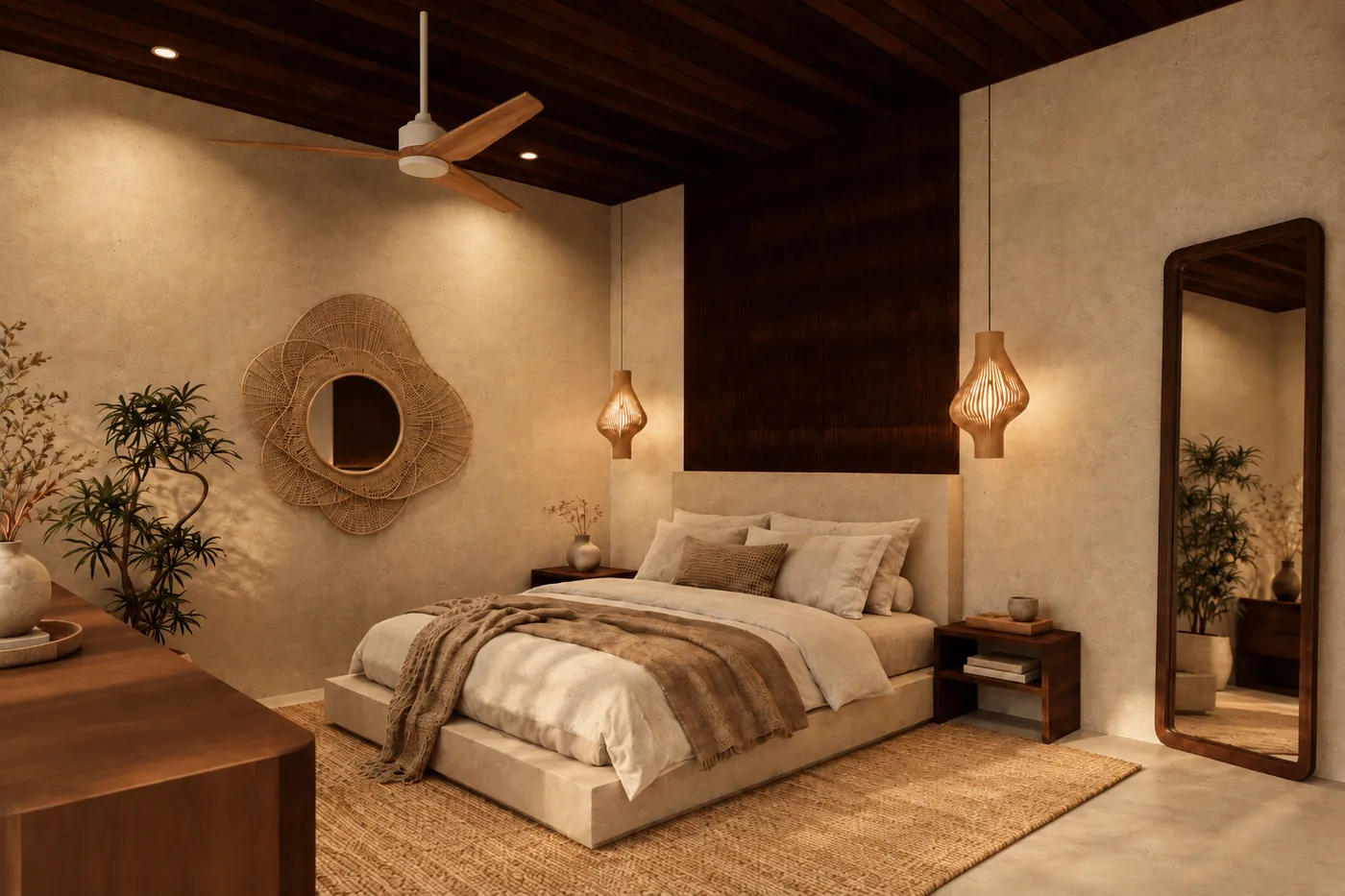 Render de Dua Hills: dormitorio con lámparas de fibra y madera oscura