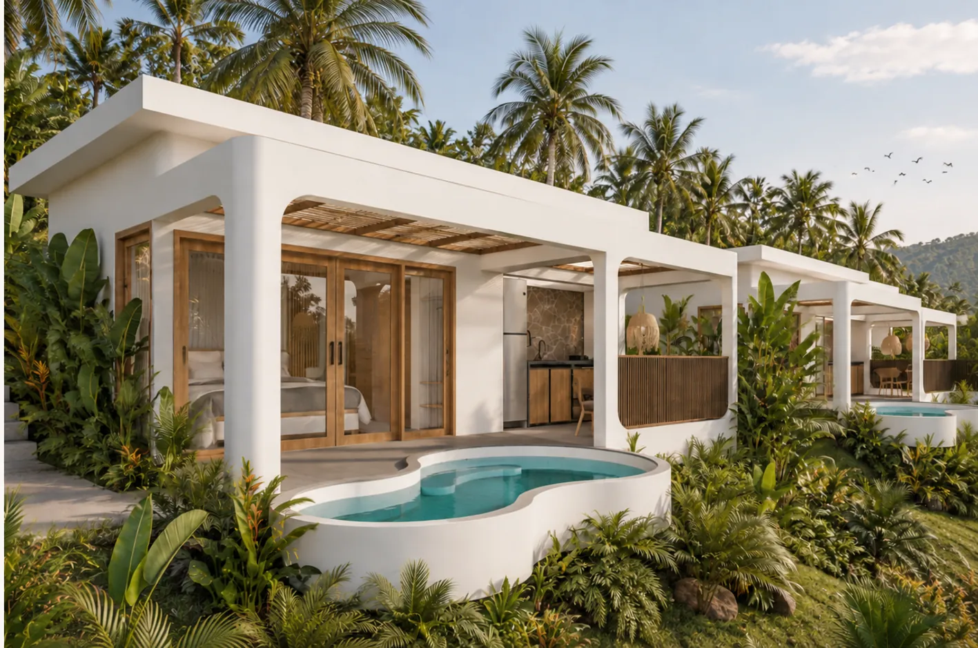 Render de Elevé: villas blancas de una planta con piscina privada entre palmeras